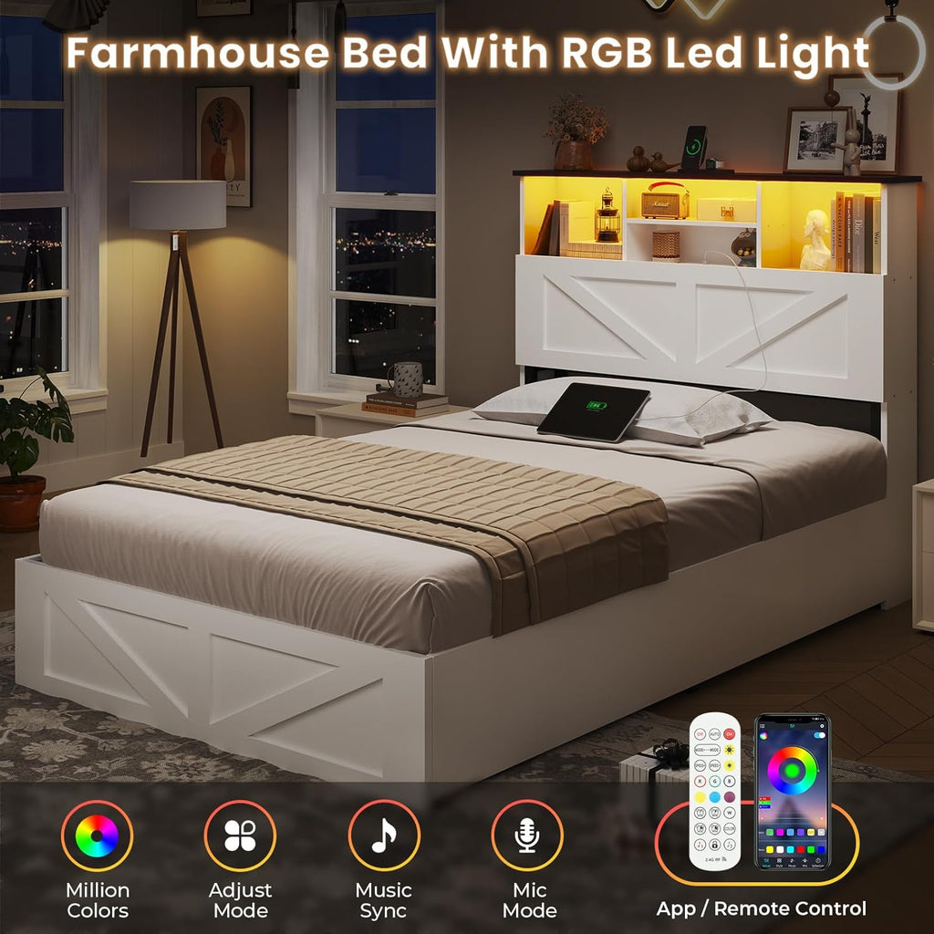 AOGLLATI Twin Bed with Storage Bookcase Headboard and 4 Drawers,Wooden Farmhouse Twin Bed Frame with Charging Station, Led Lights & Metal Slats,White