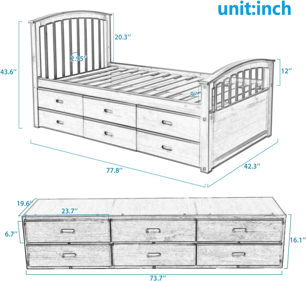 SOFTSEA Twin Captains Bed with 6 Drawers, Wood Storage Bed Frame with Headboard and Footboard for Bedroom, Twin Size Platform Bed for Kids, No Box Spring Needed (Walnut)
