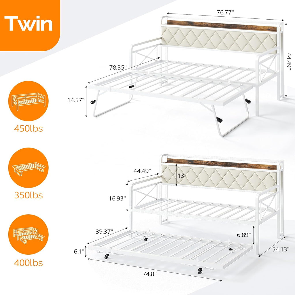 VINGLI Twin Daybed with Trundle Bed, Sofa DayBed with LED Light & Charing Station, Upholstered Bed Frame with Storage Headboard and Heavy Duty Metal Slats, for Living Room, Bedroom, Guest Room, White