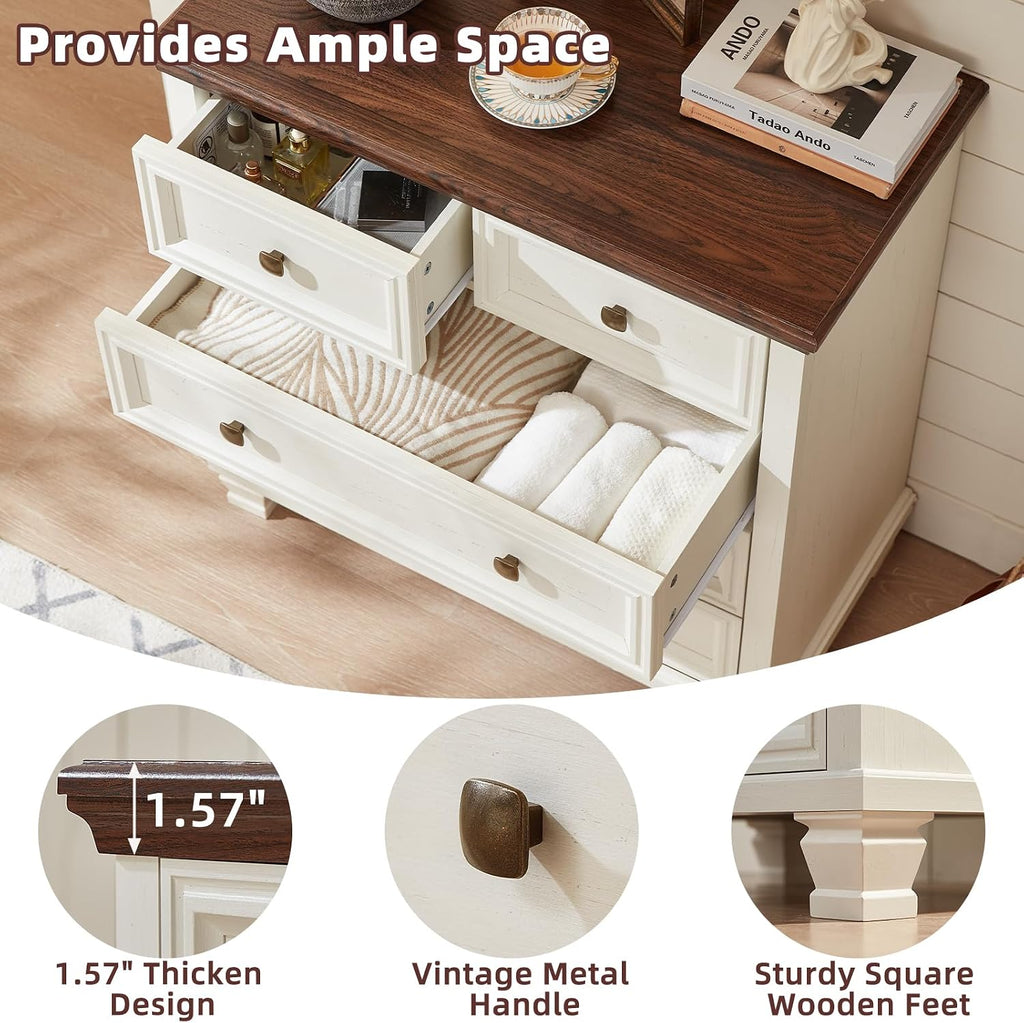 SAVOR LIFE Farmhouse Dresser and Nightstand Sets of 4 Piece, 5/6 Drawer Dresser and 2 Drawer Nightstand Set, Rustic Wood Bedroom Furniture Set for Home, Hallway,White