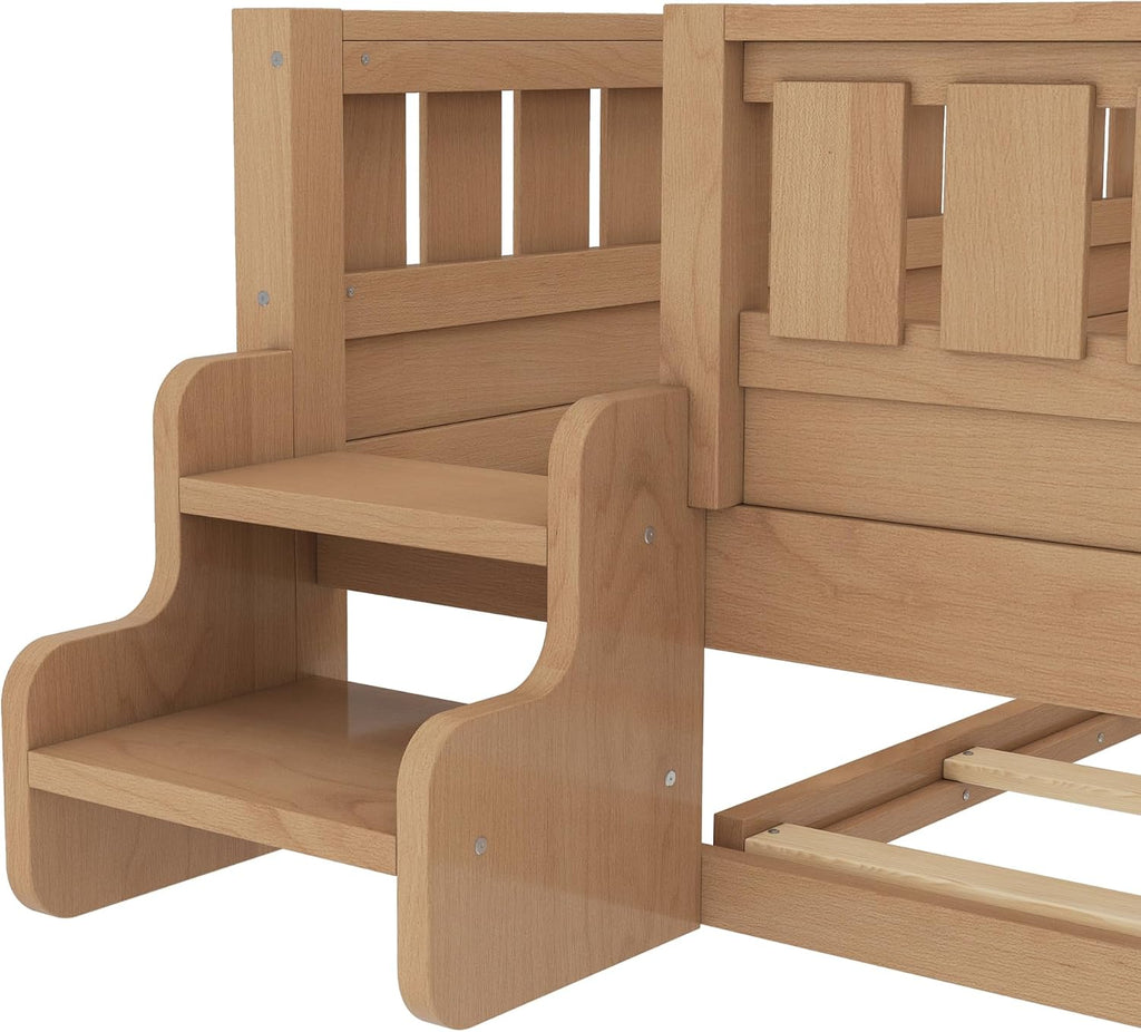 Bellemave Full Bed with Trundle and Stairs, Full Size Platform Bed Frame with Fence and Bookshelf, Easy Assemble Beds for Kids, Girls, Boys, Natural