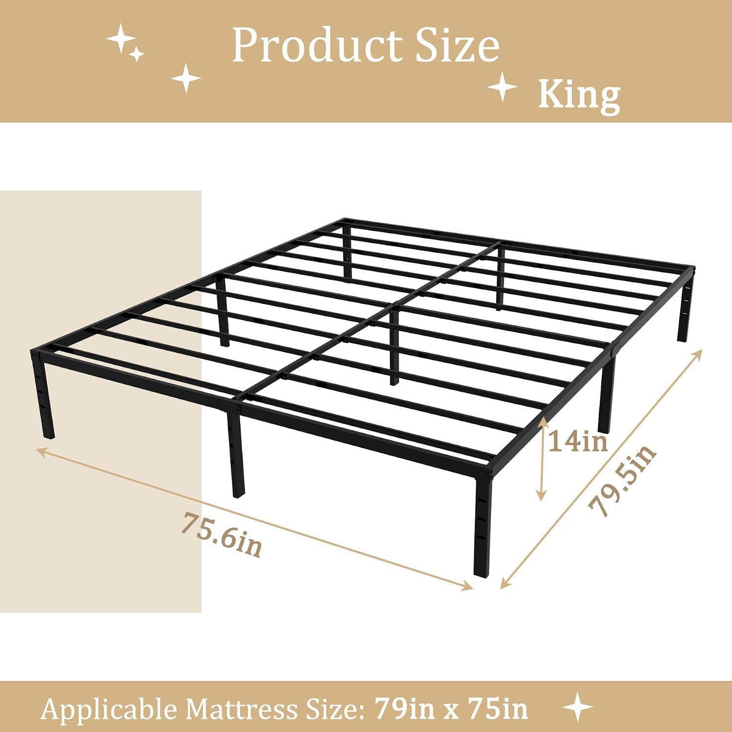 King 14 Inch Metal Platform Bed Frame,Heavy Duty,Metal,No Box Spring Needed,Underbed Storage,Easy Assembly,Noise Free,Minimalism,Non-Slip,Bedroom,Kids,Boys,Girls,Black