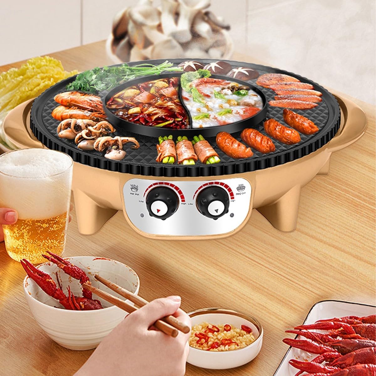 Electric Flat Top Grill, Electric Griddle, Flattop Grills Indoor Safely Washable, Suitable for Frying Grilling Stir Frying(Gold,52 * 44 * 9.5)