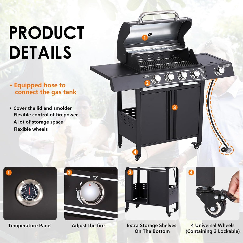 MAGIC UNION 4-Burner Propane Gas Grill with Side Burner, Portable Outdoor BBQ Grill with Wheels, Stainless Steel Grates, Side Tables & Spice Rack, 50000 BTU for Patio (4 Burner Grill)