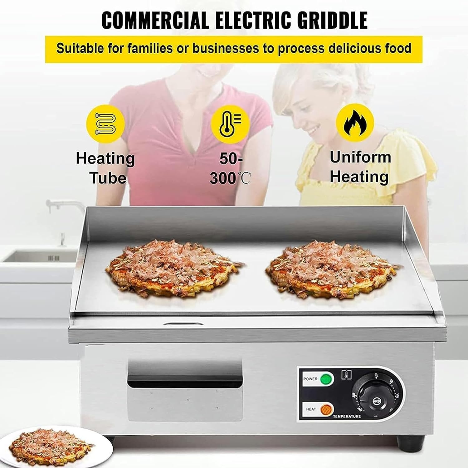 Commercial Electric Griddle 1500W Non-Stick Teppanyaki Grill with Adjustable Temperature Control 122°F-572°F, Flat Top Grill for Kitchen & Restaurant