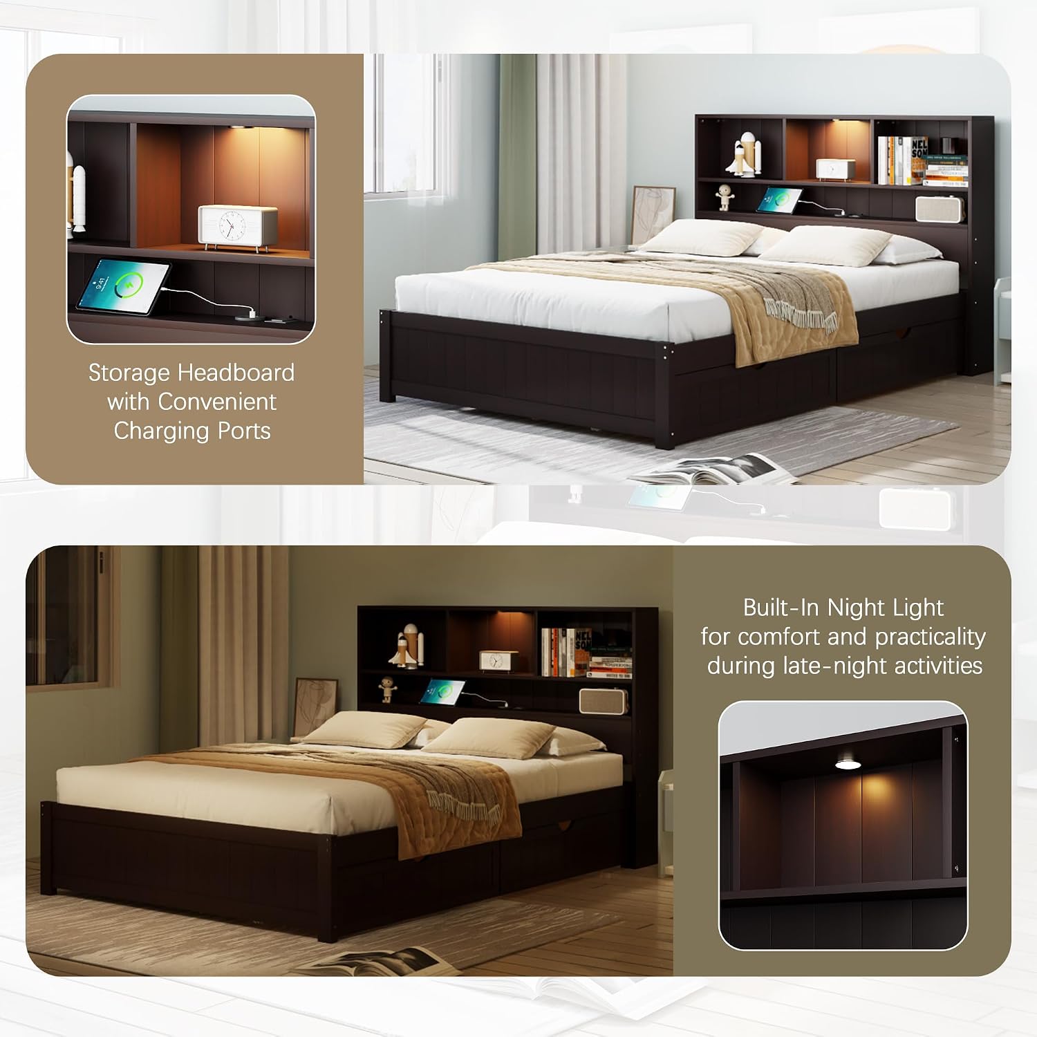 MERITLINE Twin Bed with Storage Headboard,Drawers,Charging Station and LED Lights, Wood Platform Bed with Storage Bookcase, No Box Spring Needed (Twin,Espresso)