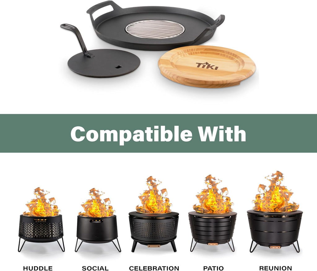 TIKI Fire Pit Griddle & Grill Combo – Cast Iron Cooking Surface for 16'-21' Smokeless Fire Pits – Outdoor BBQ Griddle for Camping & Patio – Includes Trivet & Heat-Resistant Gloves, Black