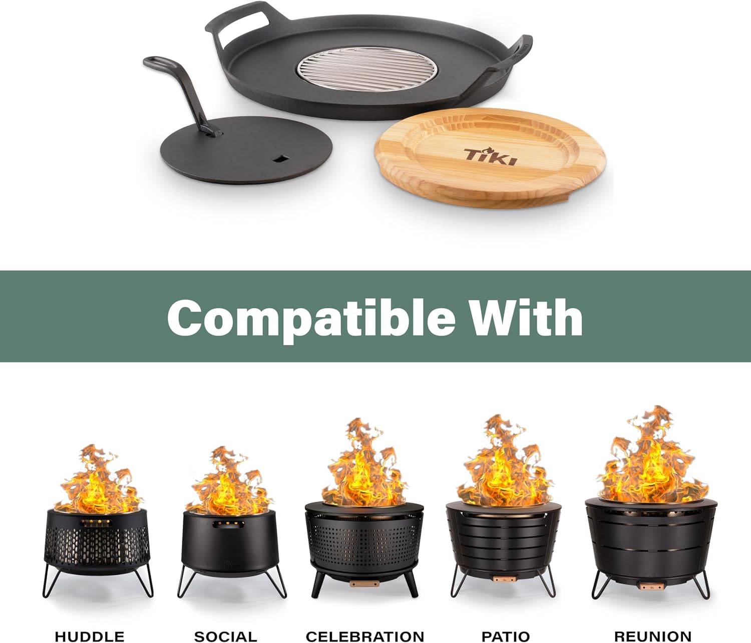 TIKI Fire Pit Griddle & Grill Combo – Cast Iron Cooking Surface for 16'-21' Smokeless Fire Pits – Outdoor BBQ Griddle for Camping & Patio – Includes Trivet & Heat-Resistant Gloves, Black