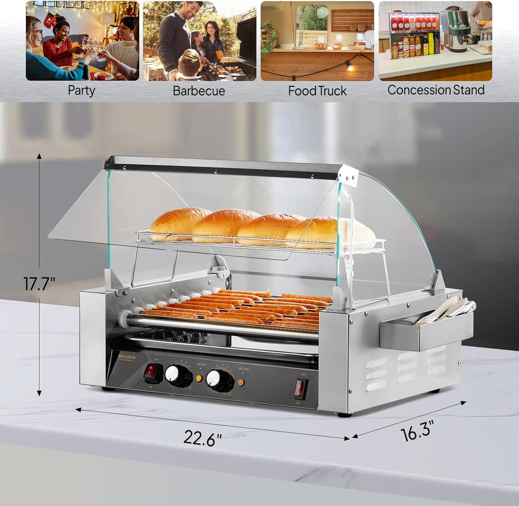 ROVSUN Hot Dog Roller, 24 Hot Dog 9 Rollers ETL Certified, Hot Dog Machine Sausage Grill Cooker with Dual Temp Control, Glass Cover, LED, Side Storage Box, Shelf & Drip Tray for Home Commercial 1350W