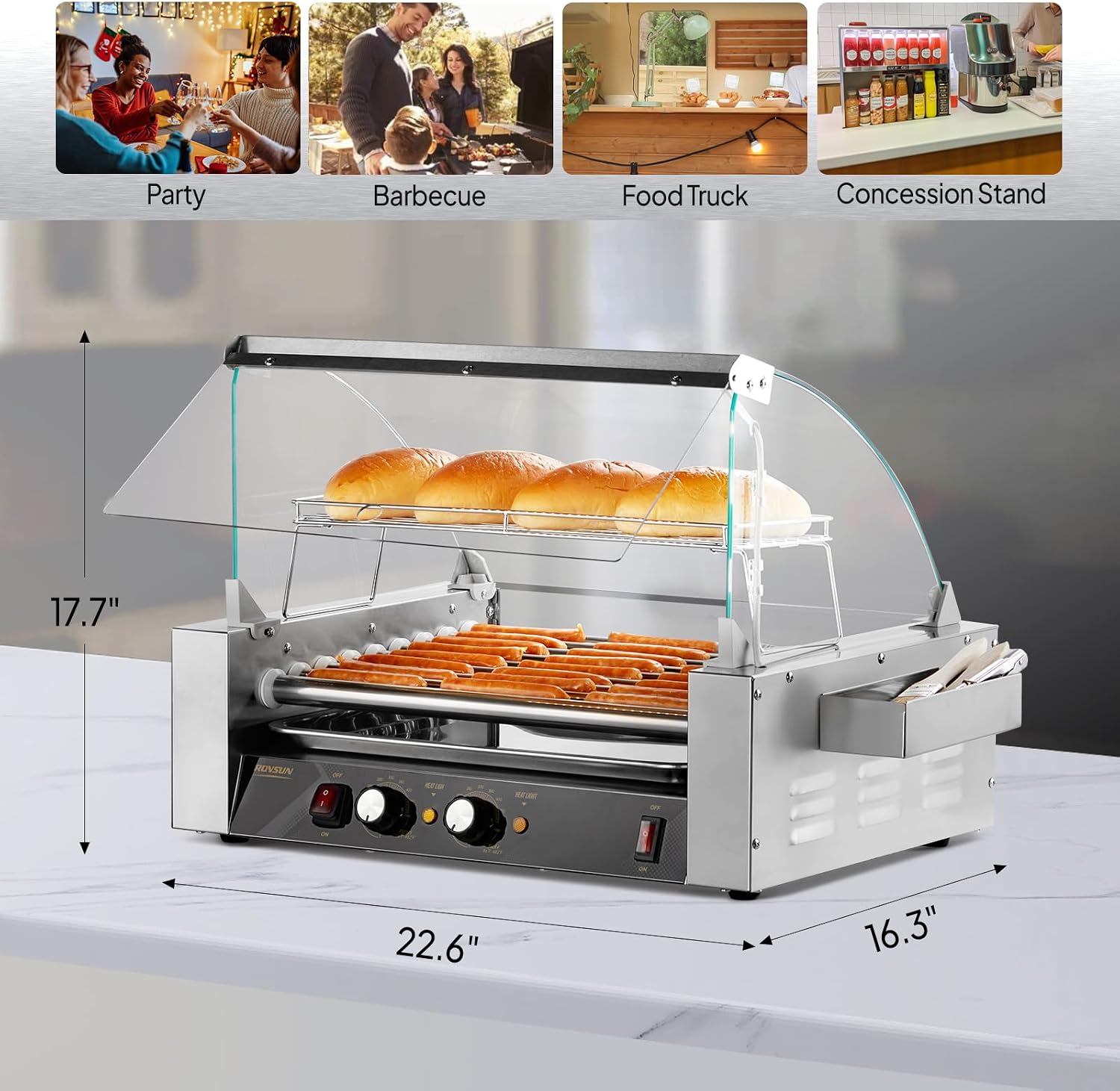 ROVSUN Hot Dog Roller, 24 Hot Dog 9 Rollers ETL Certified, Hot Dog Machine Sausage Grill Cooker with Dual Temp Control, Glass Cover, LED, Side Storage Box, Shelf & Drip Tray for Home Commercial 1350W