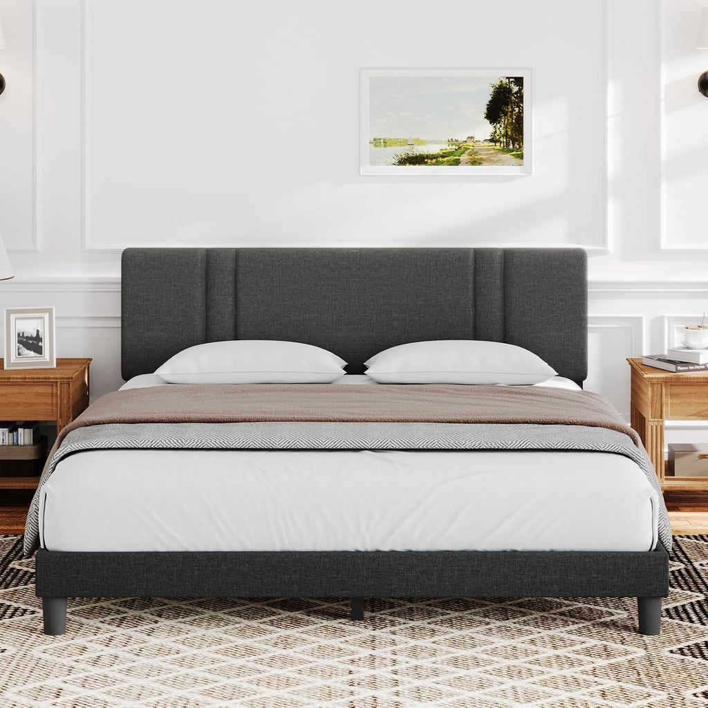 Novilla Full Size Bed Frame with Adjustable Headboard Platform Full Bed Frame with Linen Fabric Upholstered Headboard, No Box Spring Needed, Wooden Slats Support, Easy Assembly, Dark Grey