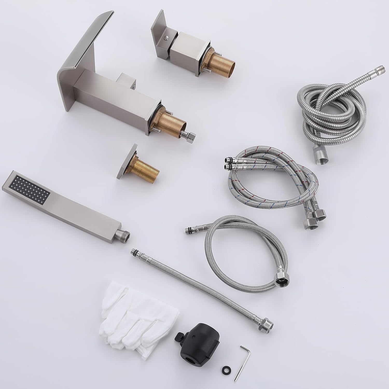 Waterfall Roman Tub Faucet with Hand Shower, Deck Mount Tub Filler Bathtub Faucet with Sprayer, Brass Widespread 3 Hole Bathtub Shower Faucet Set Brushed Nickel
