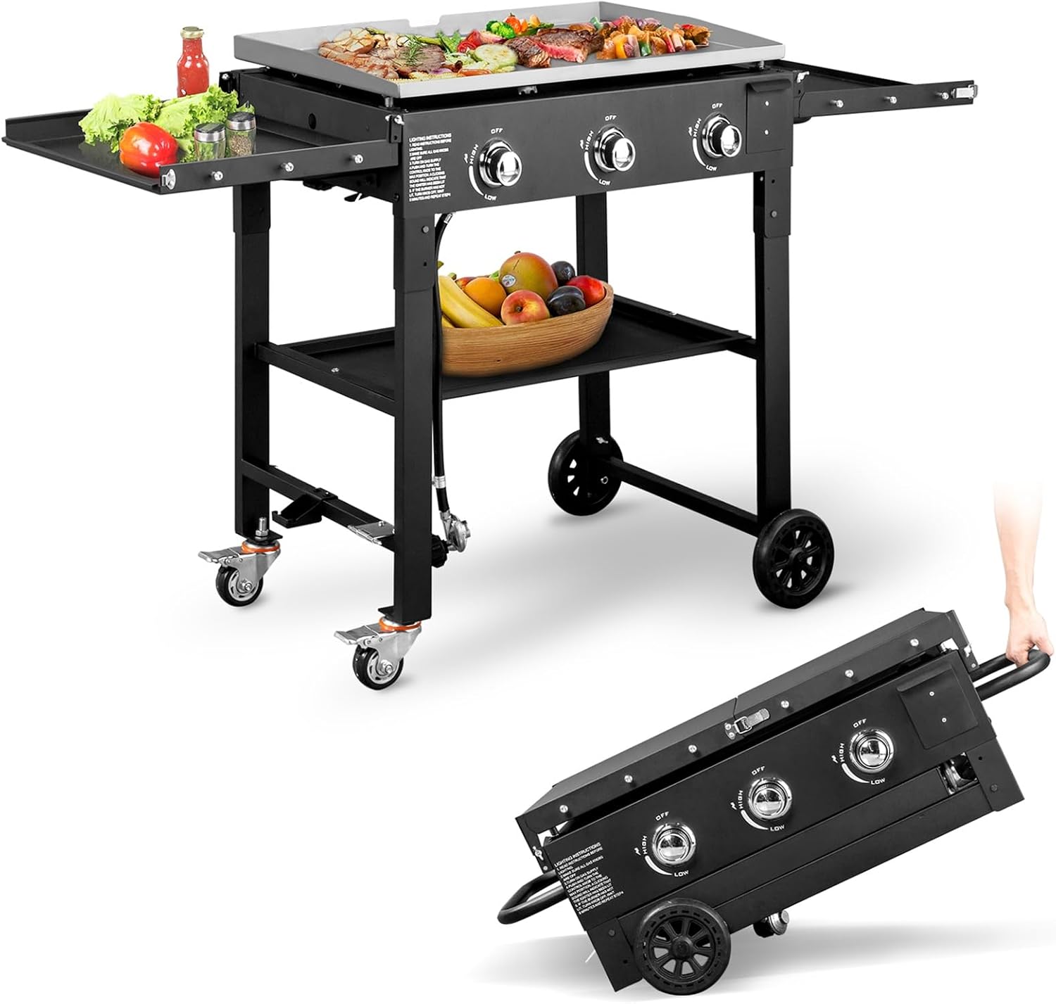 Foldable Flat Top Grill, Portable Outdoor Propane Griddle with 2 Foldable Shelves, 30000/45000/60000 BTU Gas Grill Griddle Cooking Station for BBQ & Outdoor Cooking, Black(3 Burner)