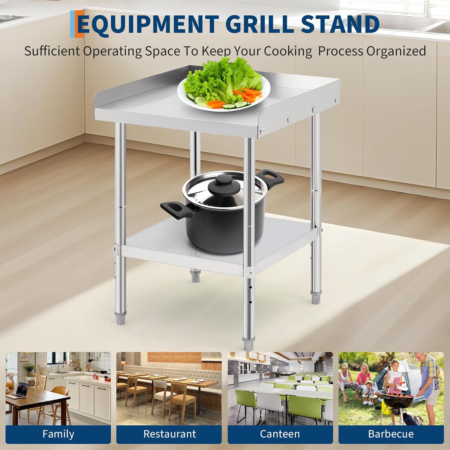 Equipment Grill Stand Table 36x30x30 Inch Stainless Steel NSF Certified 400 Lbs Capacity with Adjustable Legs, 2' Edge Baffle, for Hotel, Home, Commercial Restaurant Kitchen