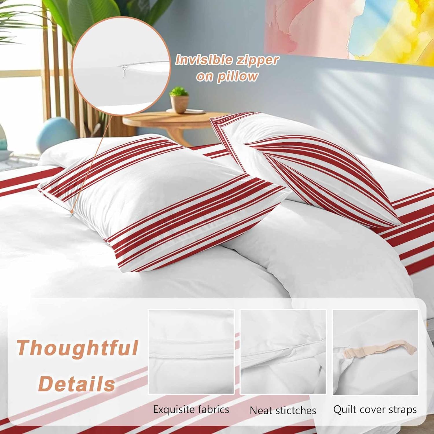 Dark Red and White Striped Duvet Cover Set Queen Size 4 Pieces Modern Minimalist Vertical Lines Bedding Set with Zipper Closure, 1 Comforter Cover 86x86 Inches 1 Flat Sheet & 2 Pillow Cases