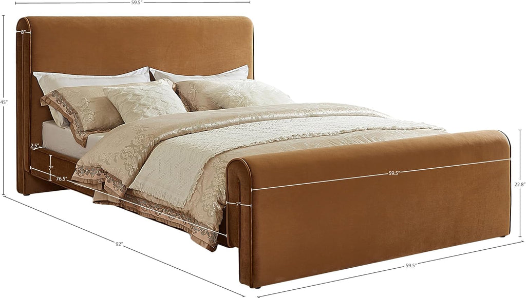 Meridian Furniture SloanSaddle-F Sloan Collection Modern | Contemporary Velvet Upholstered Full Bed with Rich Soft Saddle Velvet, Curved Headboard and Footboard, 59.5' W x 92' D x 45' H, Saddle, Full