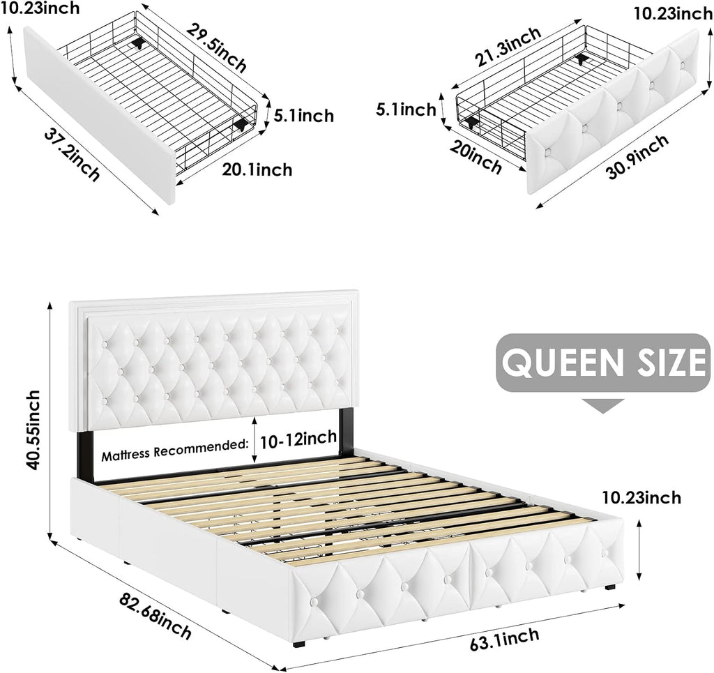 Keyluv Queen Upholstered LED Bed Frame with 4 Drawers, PU Leather Platform Storage Bed with Adjustable Button Tufted Headboard and Solid Wooden Slats Support, No Box Spring Needed, White