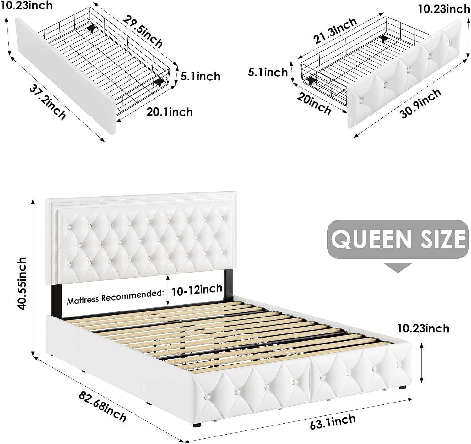 Keyluv Queen Upholstered LED Bed Frame with 4 Drawers, PU Leather Platform Storage Bed with Adjustable Button Tufted Headboard and Solid Wooden Slats Support, No Box Spring Needed, White