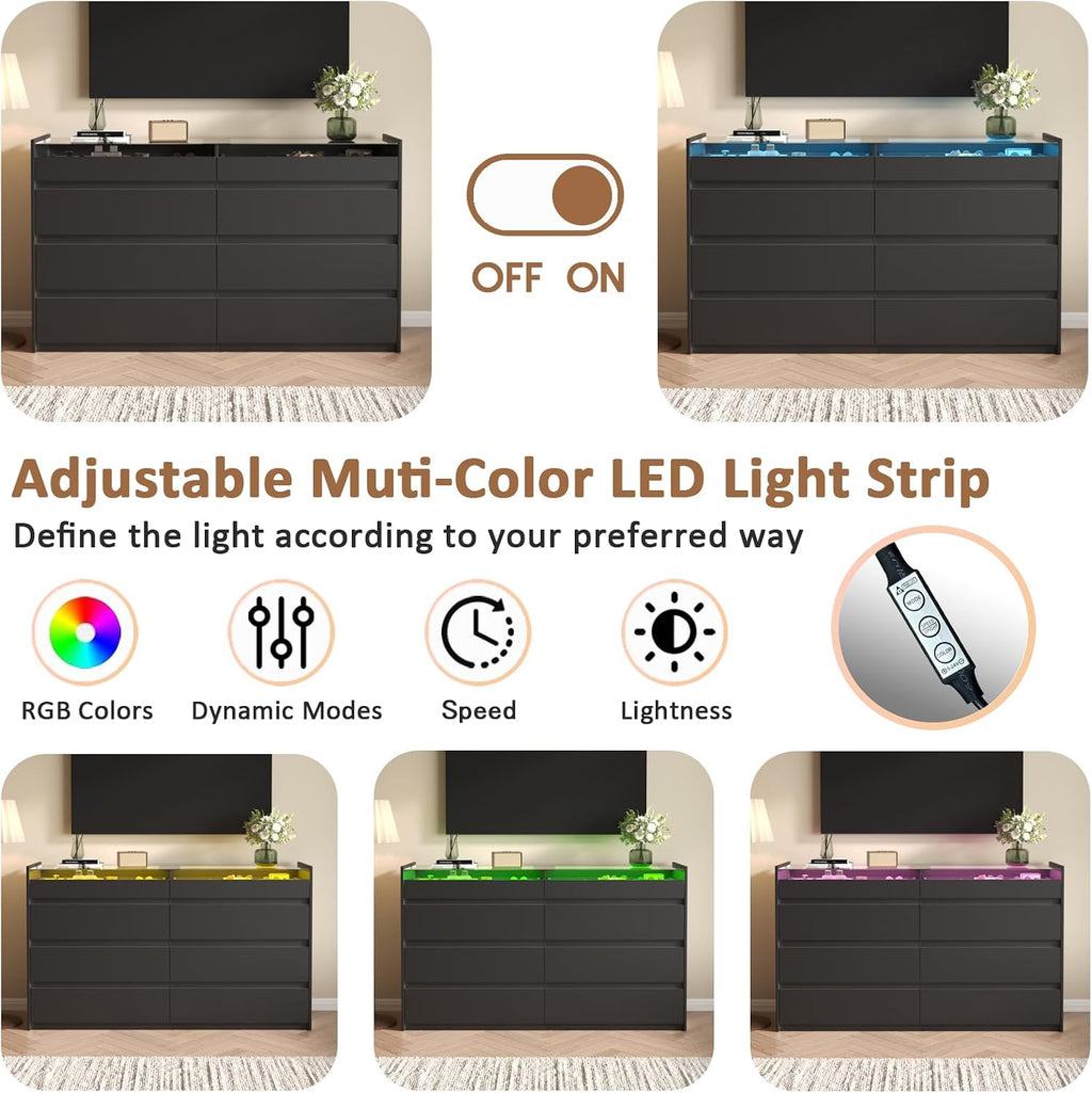 Black 8 Drawer Dresser for Bedroom, Modern Chest of Drawers, Jewelry Dresser Display with Glass Top and LED Light, Dressers Organizer for Bedroom, Closet, Living Room