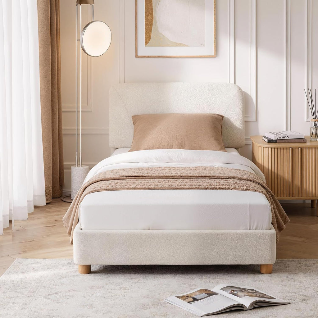 Cloud Bed Frame, Soft Boucle Bed Frame with Adjustable Headboard, Solid Wood Legs, Rounded Corners Design & Easy Assembly – Modern Platform Bed, Twin Cream