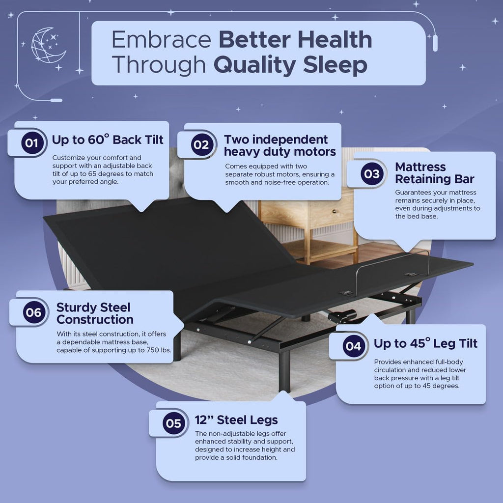 Celestial Aurora Adjustable Bed Base (Frame) + 10 inch Gel Memory Foam Mattress (Medium), Easy Assembly, Head and Foot Lift, Zero Gravity, Memory Positions, CertiPUR-US Bed - Full