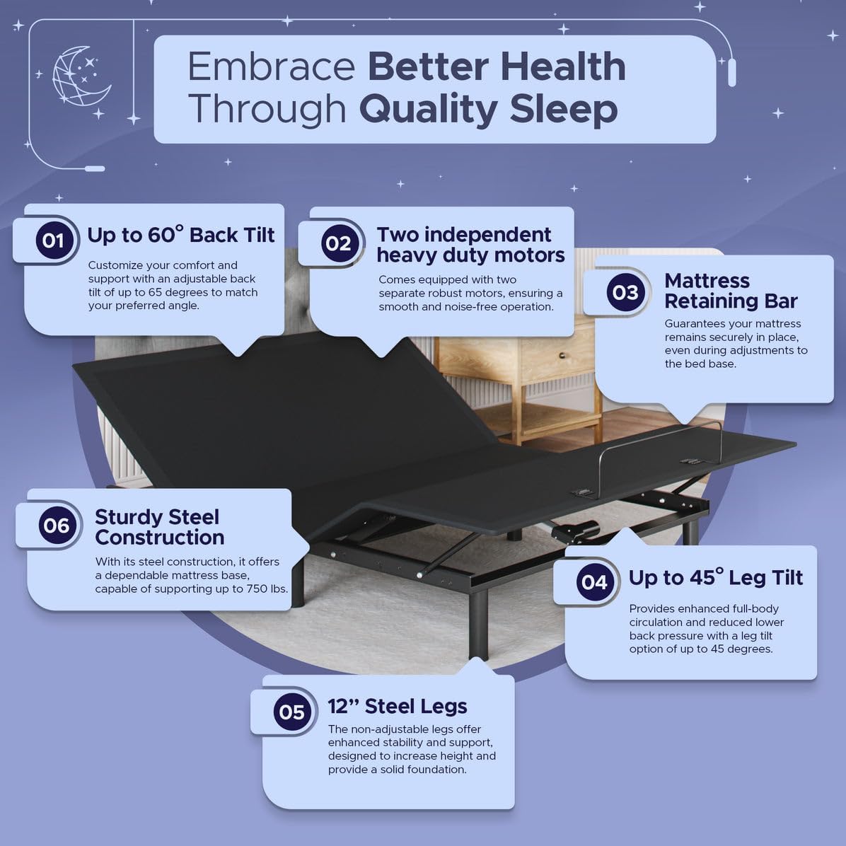 Celestial Aurora Adjustable Bed Base (Frame) + 10 inch Gel Memory Foam Mattress (Medium), Easy Assembly, Head and Foot Lift, Zero Gravity, Memory Positions, CertiPUR-US Bed - Full