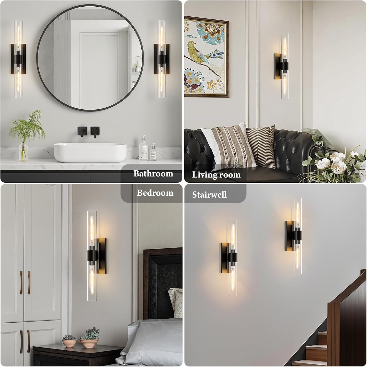 Black Brass Bathroom Wall Sconce - Modern Linear Light Sconces - Dimmable Lighting Fixtures - Vertical or Horizontal Mounted Clear Glass Tube Vanity Lights for Indoor Living Room Hallway