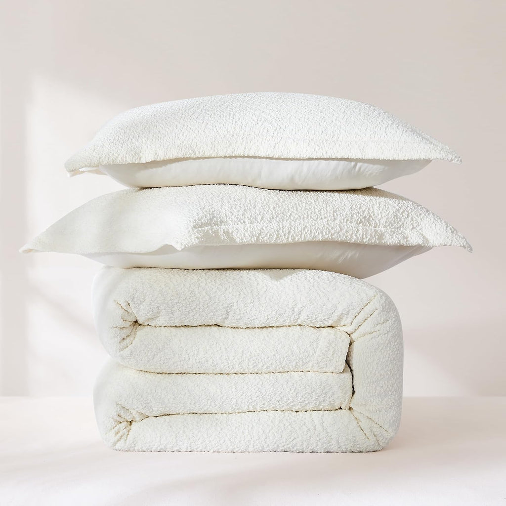Lush Decor Lotti Boucle Duvet Cover 3 Piece Set Full/Queen Soft White - White Duvet Cover- Textured Cozy Bedding Set - Modern Minimalist Decor