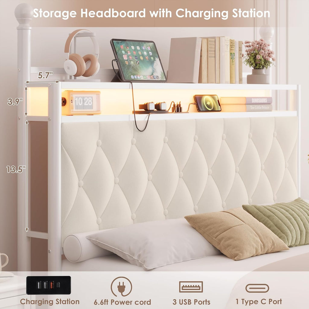 HIFIT Full Size Upholstered LED Canopy Bed Frame with Storage and Charging Station, Button Tufted Storage Headboard with Bookshelf, Two-Use Metal Platform Bed with 4 Removable Posts & 2 Drawers, Biege