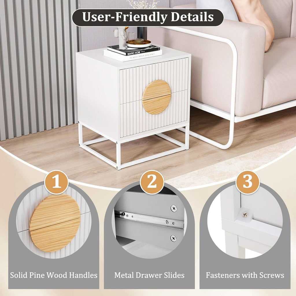 Giantex Fluted Nightstand with 2 Drawers Set of 2, White Wood Bedside Table with Natural Circle Handle & Metal Frame, Minimalist Accent End Table, Modern Mid Century Night Stand for Bedroom