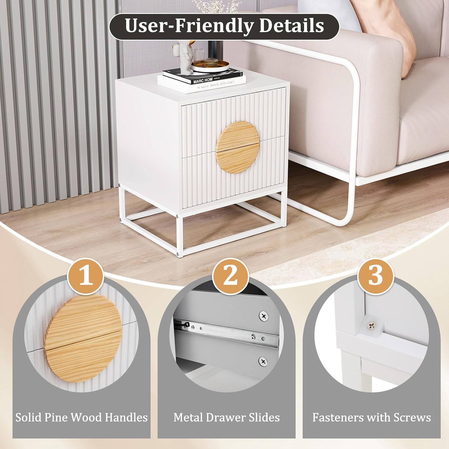 Giantex Fluted Nightstand with 2 Drawers Set of 2, White Wood Bedside Table with Natural Circle Handle & Metal Frame, Minimalist Accent End Table, Modern Mid Century Night Stand for Bedroom