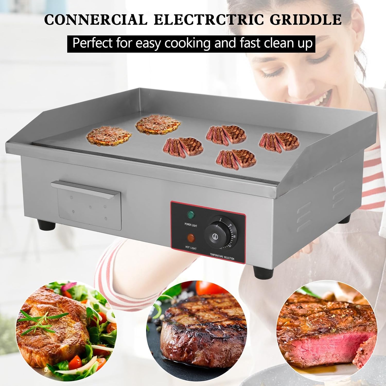 Topteng 22' Commercial Electric Griddle, Commercial Griddle Electric Flat Top Griddle Stainless Steel Countertop Griddle Grill 3000W with Drip Hole, 50-300℃ Griddle for Home Restaurants