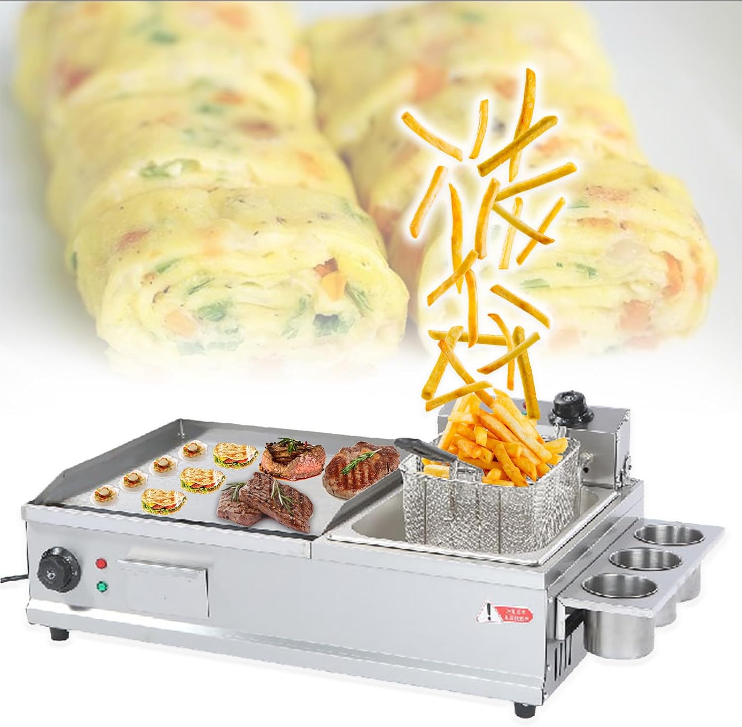 Electric Griddle Pancakes with Deep Fryer, Commercial Electric Griddle with Seasoning Rack, Breakfast Frying Pan Flat Top Grill (S)