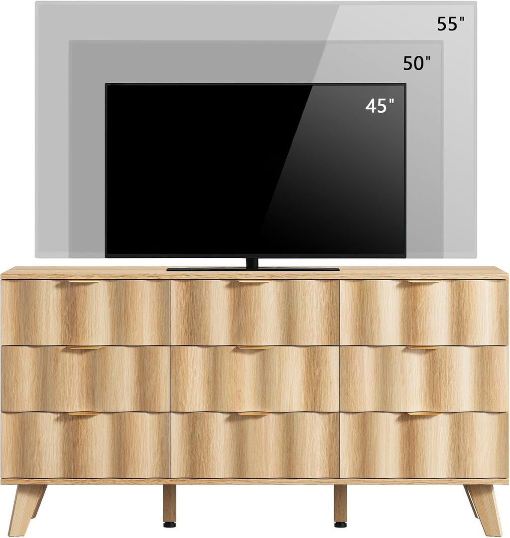 9 Drawer Dresser, Modern Fluted Storage Dresser with Deep Drawers and Metal Handles, Wood Chest of Drawers Storage Organizer for Bedroom, Living Room, Hallway (Natural)