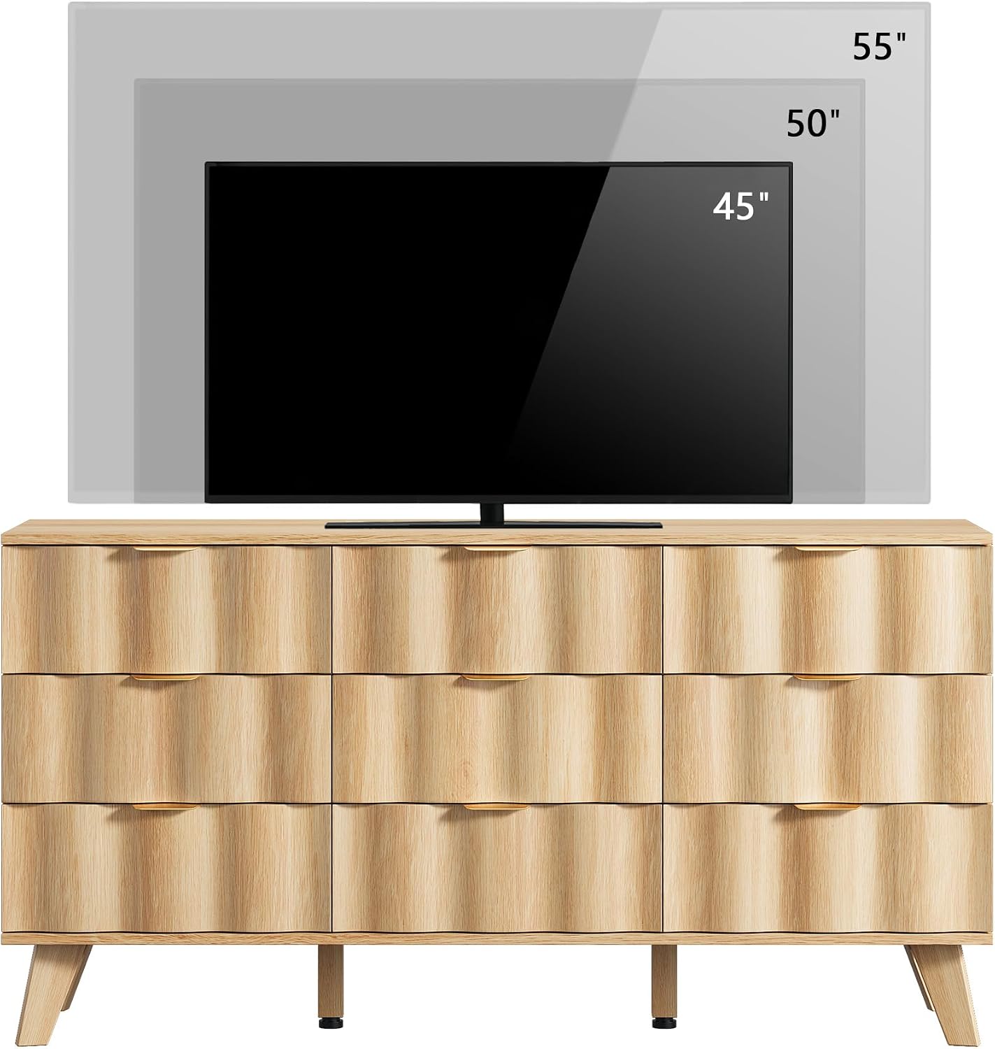 9 Drawer Dresser, Modern Fluted Storage Dresser with Deep Drawers and Metal Handles, Wood Chest of Drawers Storage Organizer for Bedroom, Living Room, Hallway (Natural)