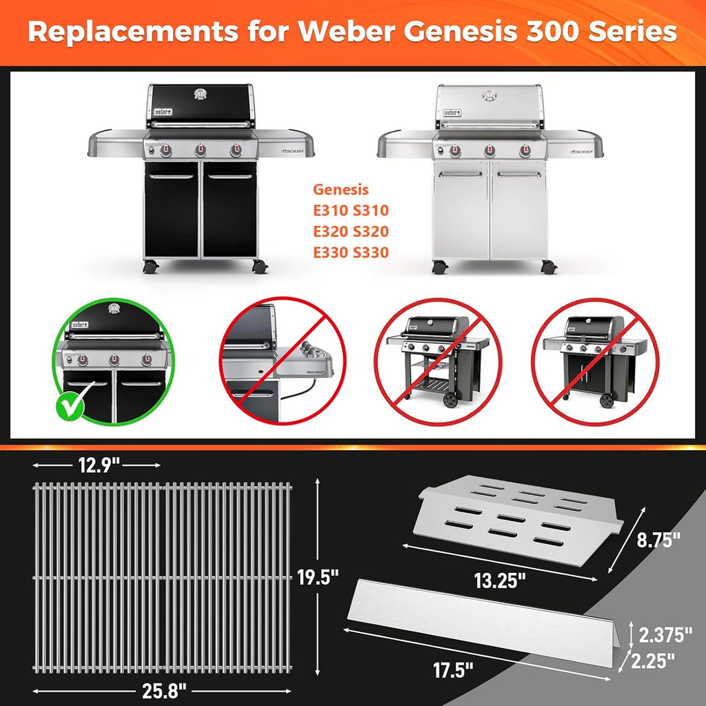 QuliMetal 304 Stainless Steel 7524 Grill Grates & 7621 Flavorizer Bars, 65505 Heat Deflectors for Weber Genesis 300 Series with Front Control Knob, Replacement for Genesis E310 S310 E/S320 E/S330