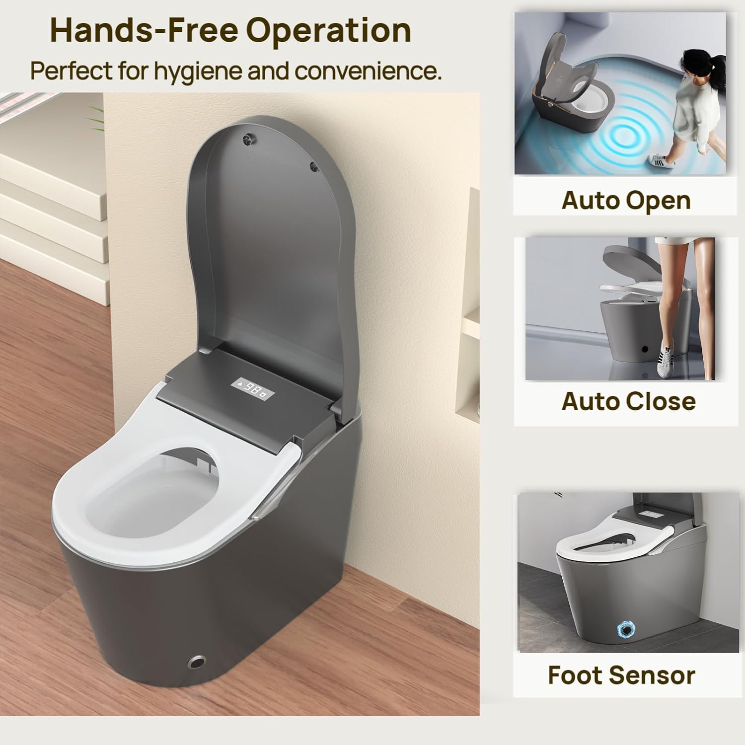 Modern Smart Toilet With Bidet, Auto Flush, Auto Open/Close,Heated Seat, Warm Water and Dry, 17.5' Comfort Height, Remote Control Gray