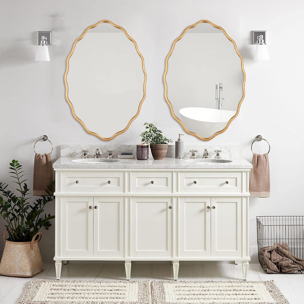 20 * 30 Inch Brushed Gold Oval Ripple Bathroom Mirror Wall Mounted Large Modern Countryside Suitable for Washroom, Bedroom, Living Room, Entryway