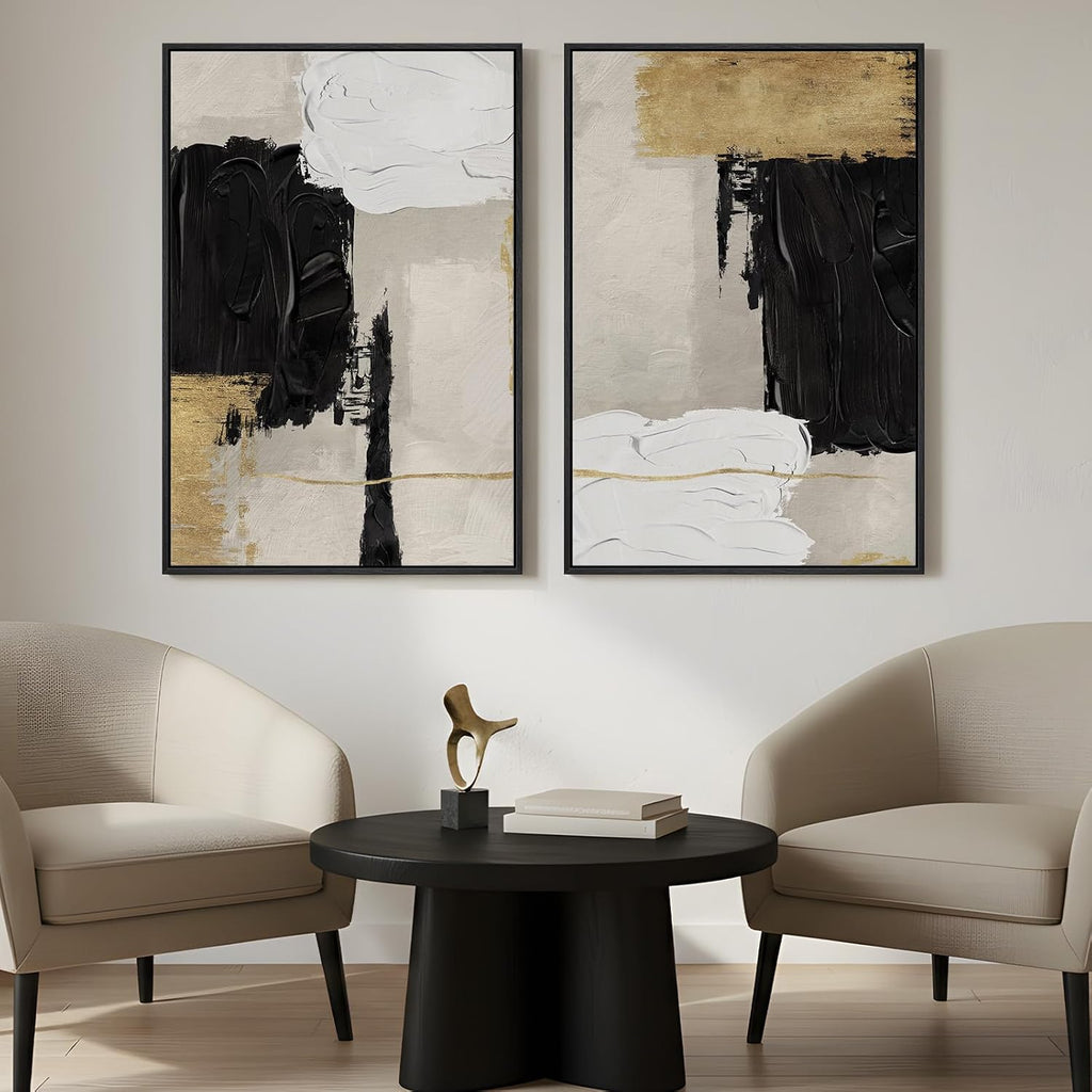 Framed Black White and Gold Abstract Wall Art for Living Room, Set of 2 Modern Minimalist Canvas Artwork for Walls, Large Neutral Pictures Prints for Bedroom Home Office Hallway Wall Decor, 24x36 Inch