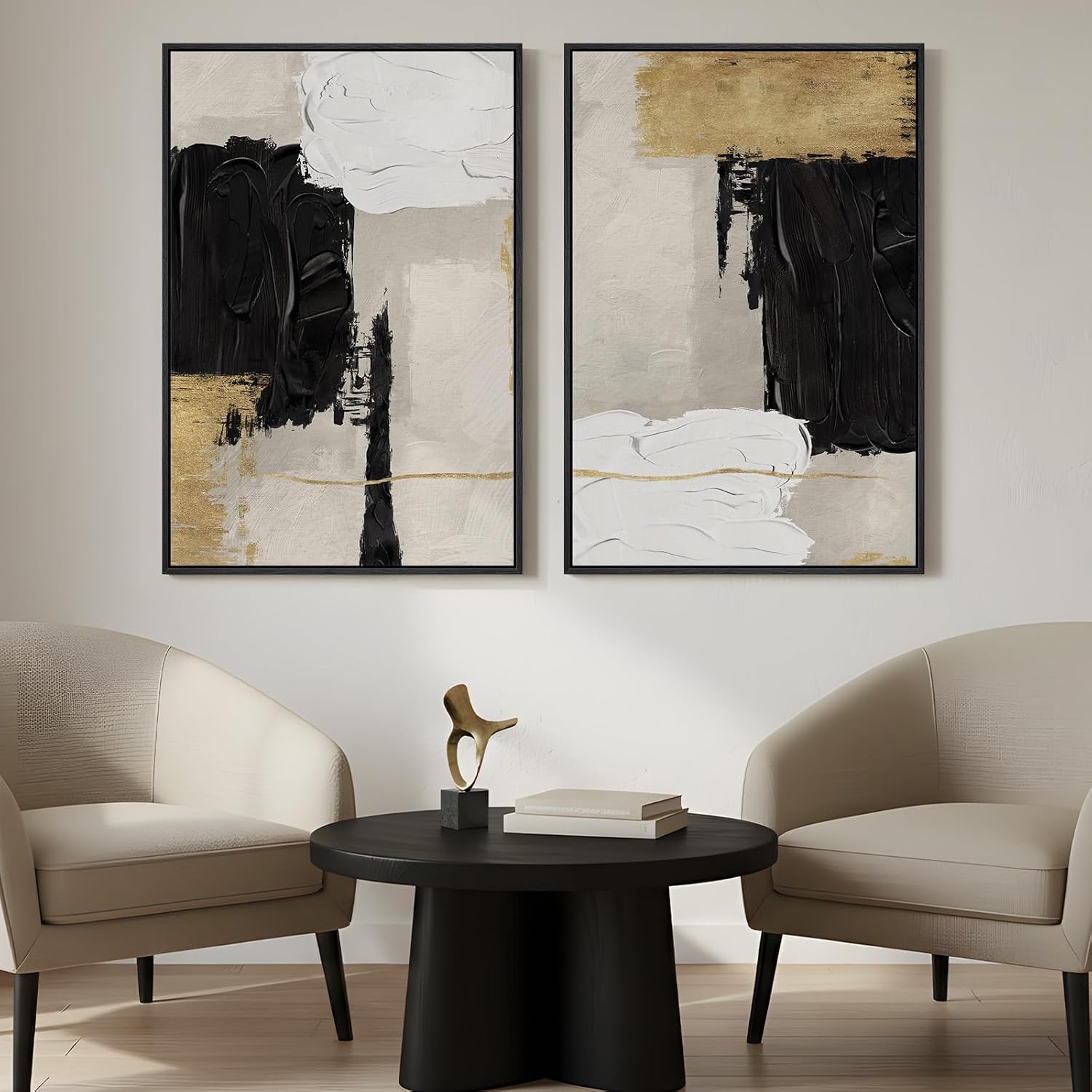 Framed Black White and Gold Abstract Wall Art for Living Room, Set of 2 Modern Minimalist Canvas Artwork for Walls, Large Neutral Pictures Prints for Bedroom Home Office Hallway Wall Decor, 24x36 Inch