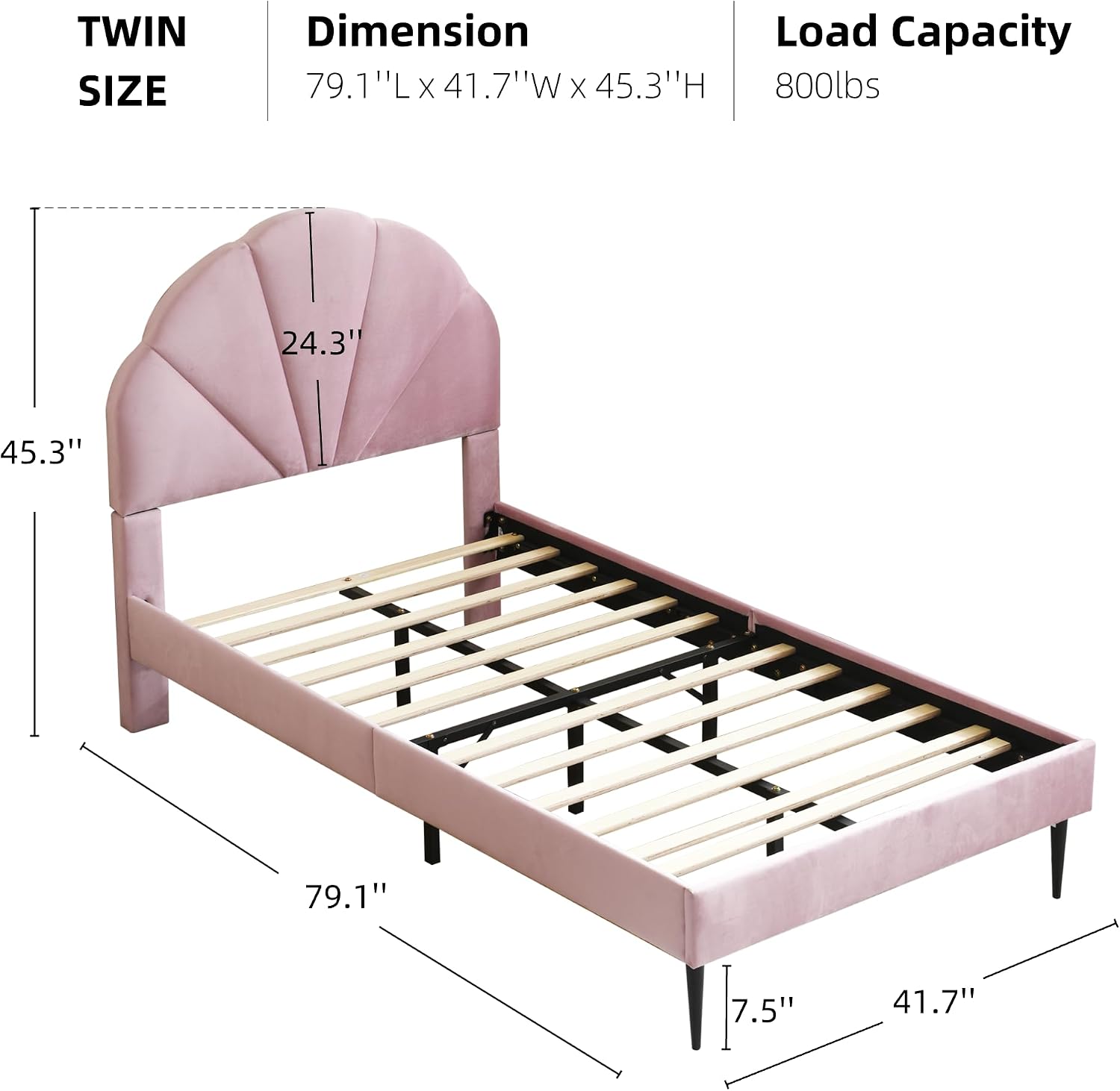VELOCAVA Pink Twin Bed with Seashell Headboard, Velvet Upholstered Platform Bed Frame for Girls Kids with Wooden Slats Support, No Box Spring Needed, Easy Assembly, Princess Pink Bed