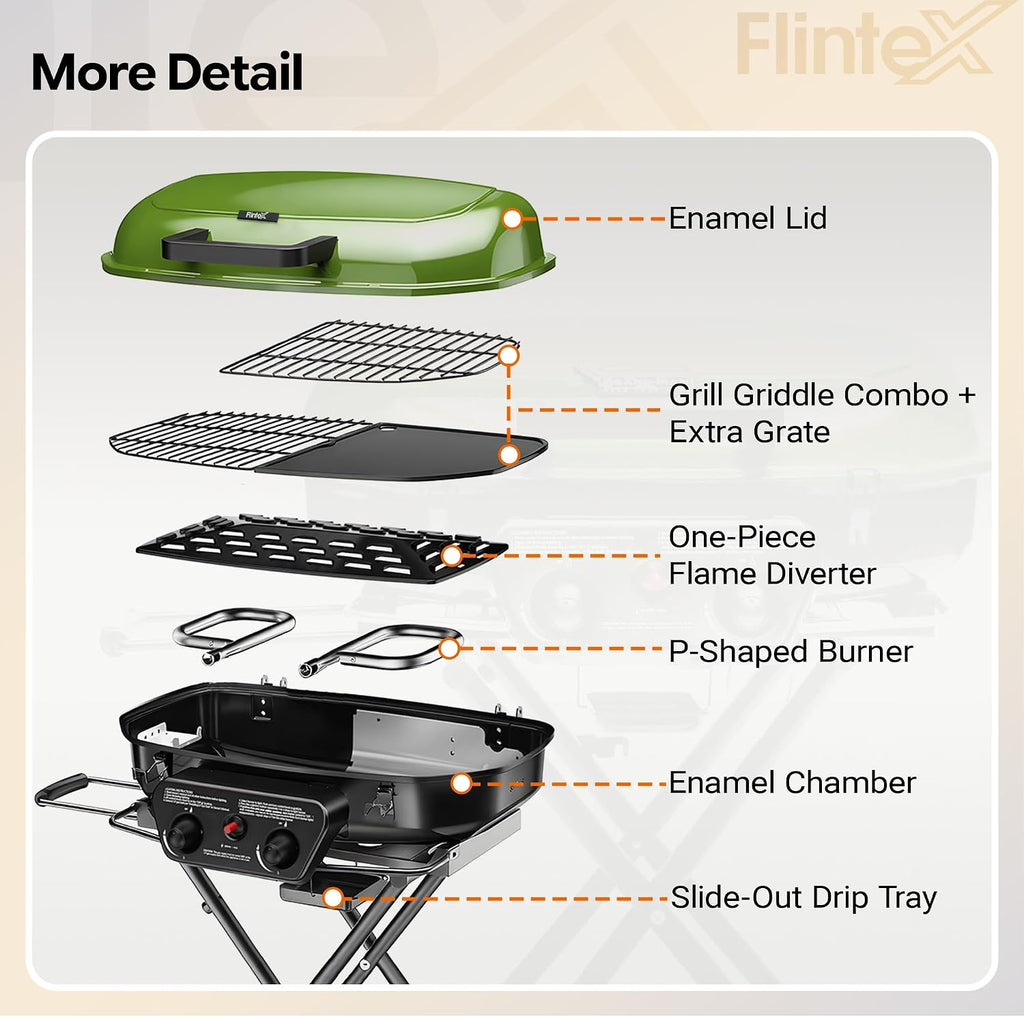 Flintex 2-Burner Portable Propane Gas Grill, Foldable 2-in-1 Camping Propane Grill with Porcelain-Enameled Griddle & Grill Grate for Outdoor Camping Picnics Backyard Cooking, Green