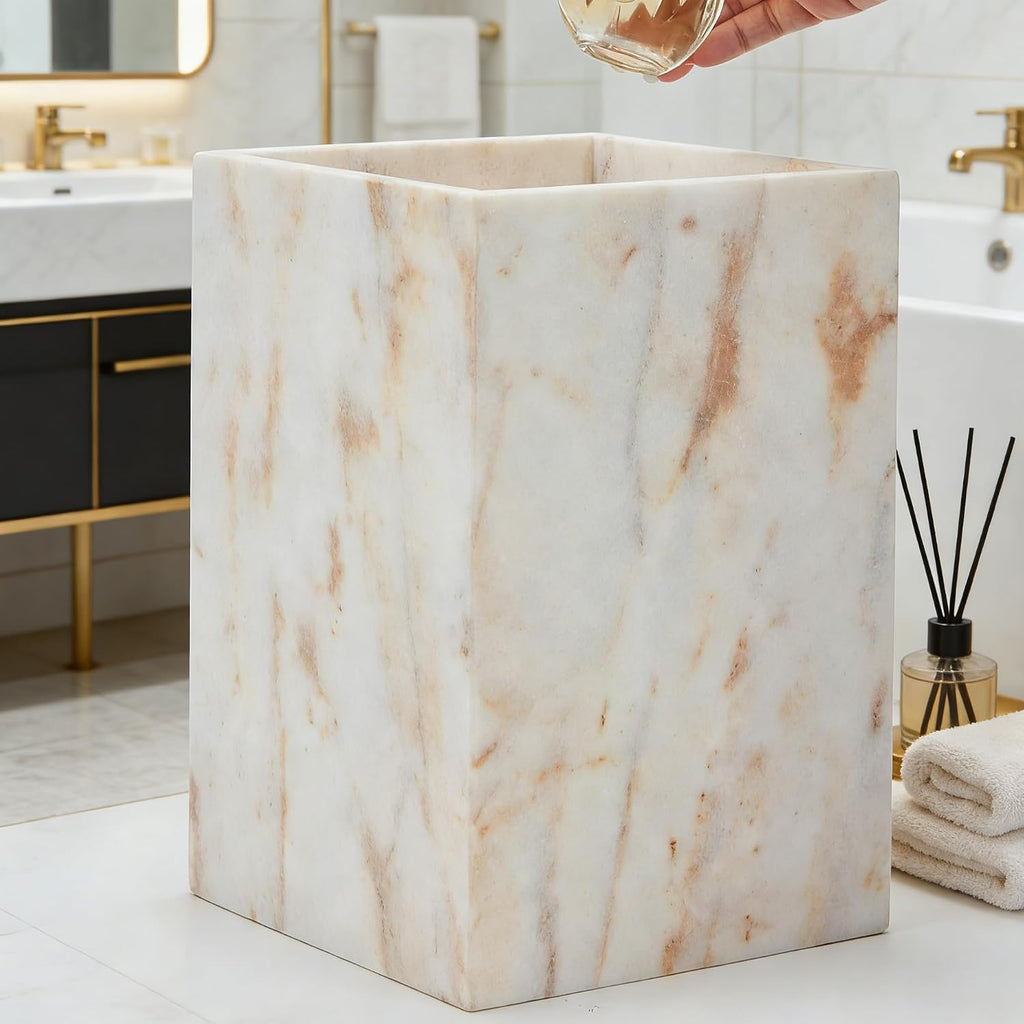 Natural Marble Waste Basket for Bathroom, Modern Gold and White Texture Rectangular Trash Can, Organic Stone Wastebasket Durable Waterproof Garbage Container Bin for Bedroom Living Room Office Kitchen
