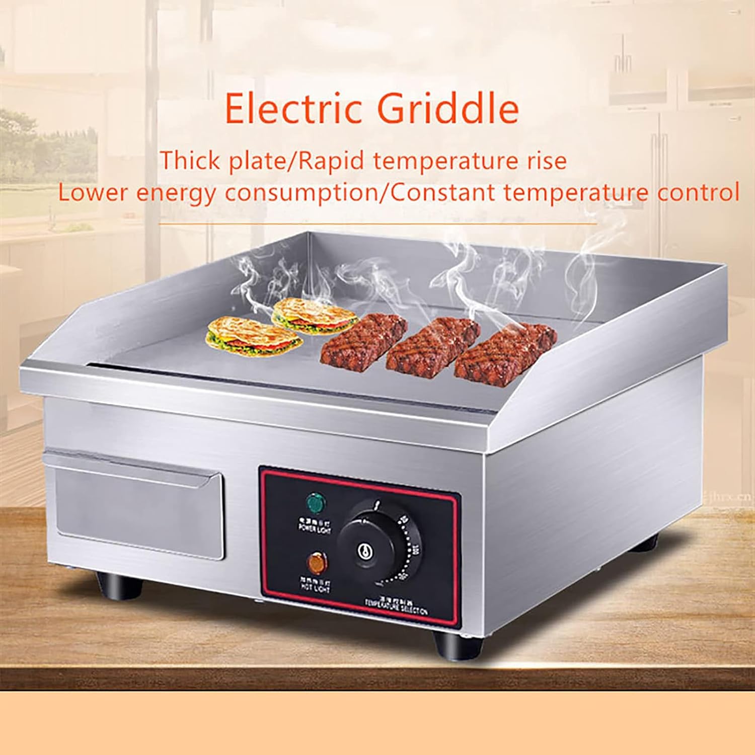 1500W Commercial Electric Countertop Griddle, Countertop Stainless Steel Grills Hotplate Flat Top Kitchen Grill, Adjustable Temperature Control, Electric Griddle for Restaurant & Home