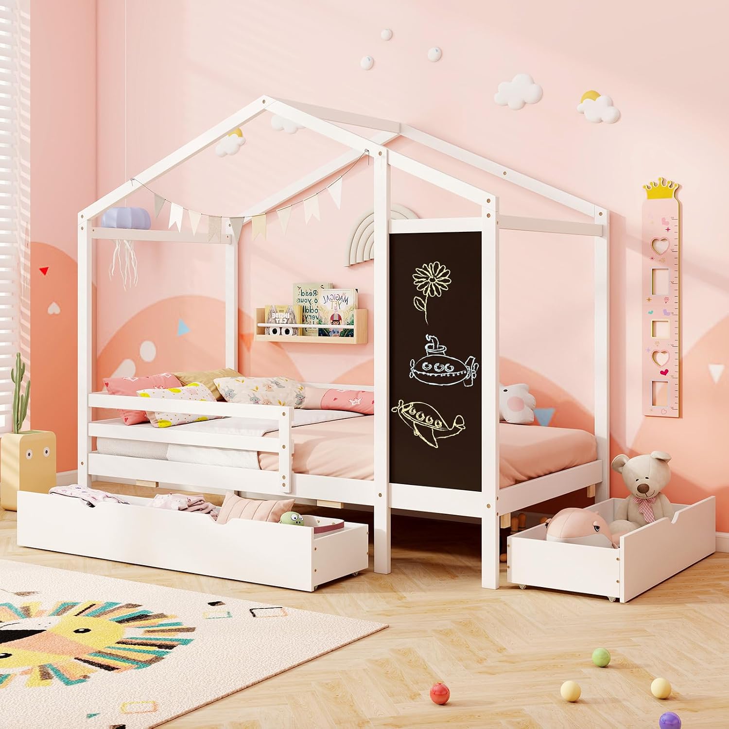 Giantex Twin Bed with 2 Storage Drawers, Solid Wood House Bed with Blackboard & Safety Guardrails, Twin House Bed w/Slats Support, No Box Spring Needed, Twin Bed Frames for Kids Girls Boys (White)