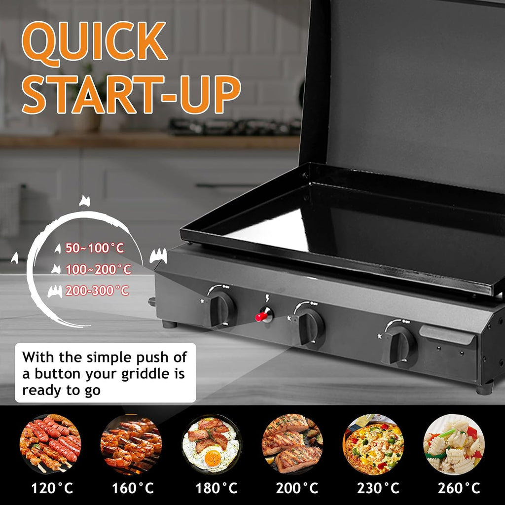 3-Burner Flat Top Gas Griddle, 30,000 BTU Propane Griddle Station with Ceramic Coated Cast Iron Pan, Outdoor BBQ Cookout, 23.2 x 14.2 Inch, Black