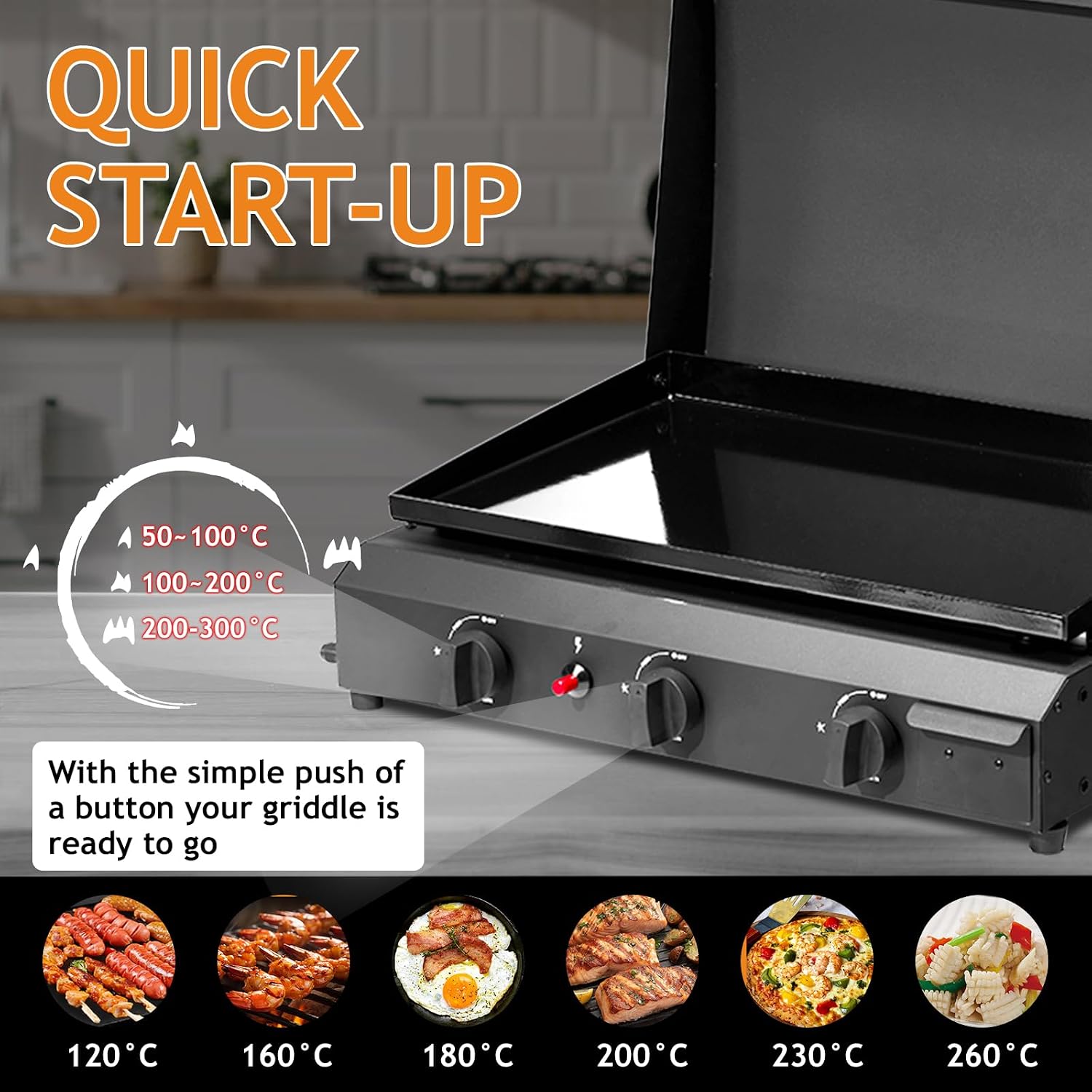 3-Burner Flat Top Gas Griddle, 30,000 BTU Propane Griddle Station with Ceramic Coated Cast Iron Pan, Outdoor BBQ Cookout, 23.2 x 14.2 Inch, Black