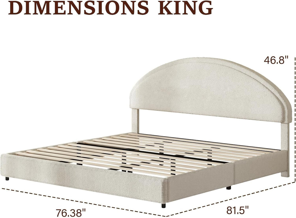 REVOMINCA King Size Bed Frame with Round Headboard, Boucle Upholstered Bed with Round Headboard, Soft Arch Shaped Modern Style, No Box Spring Required, Easy Assembly, White