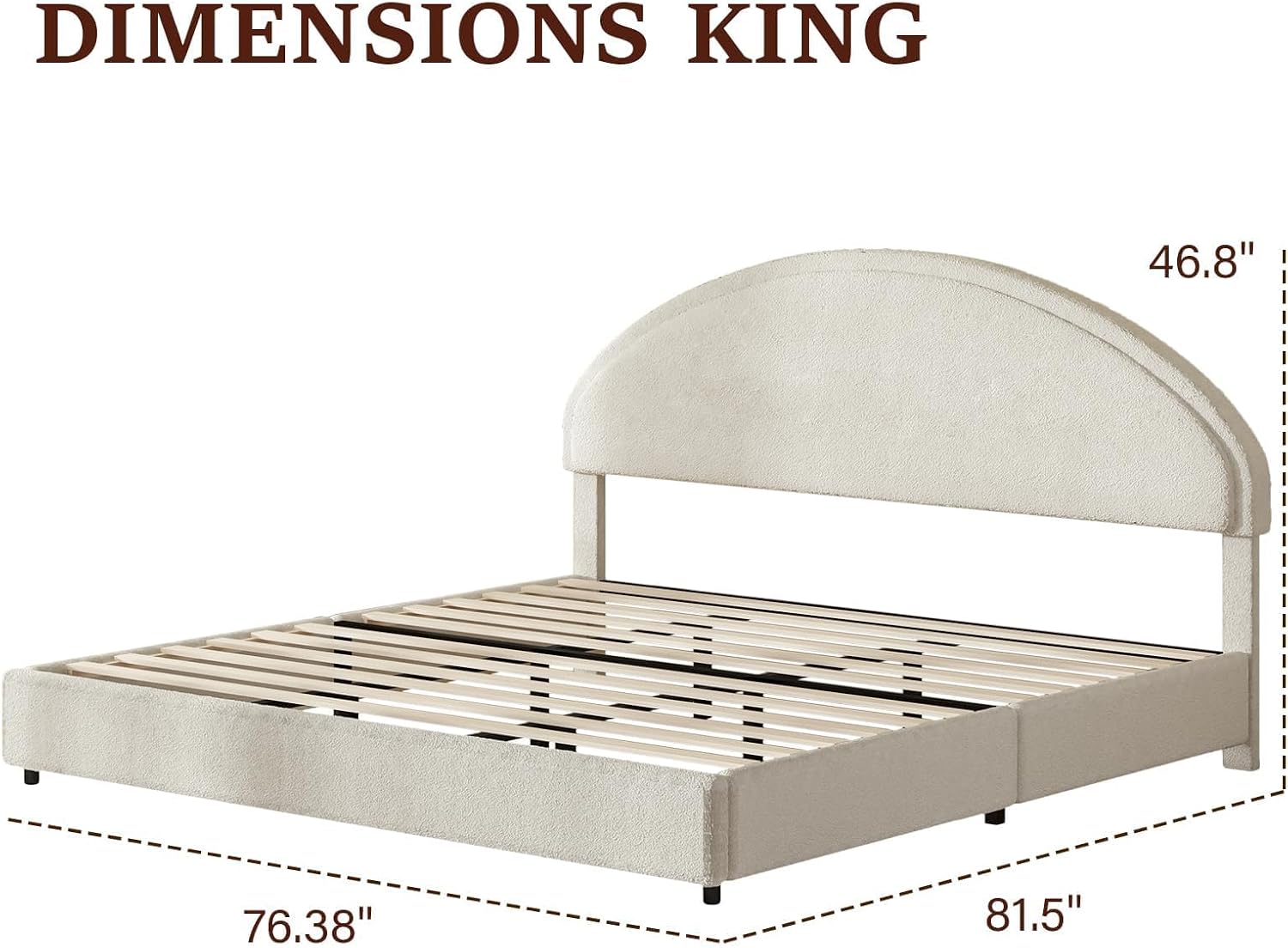 REVOMINCA King Size Bed Frame with Round Headboard, Boucle Upholstered Bed with Round Headboard, Soft Arch Shaped Modern Style, No Box Spring Required, Easy Assembly, White
