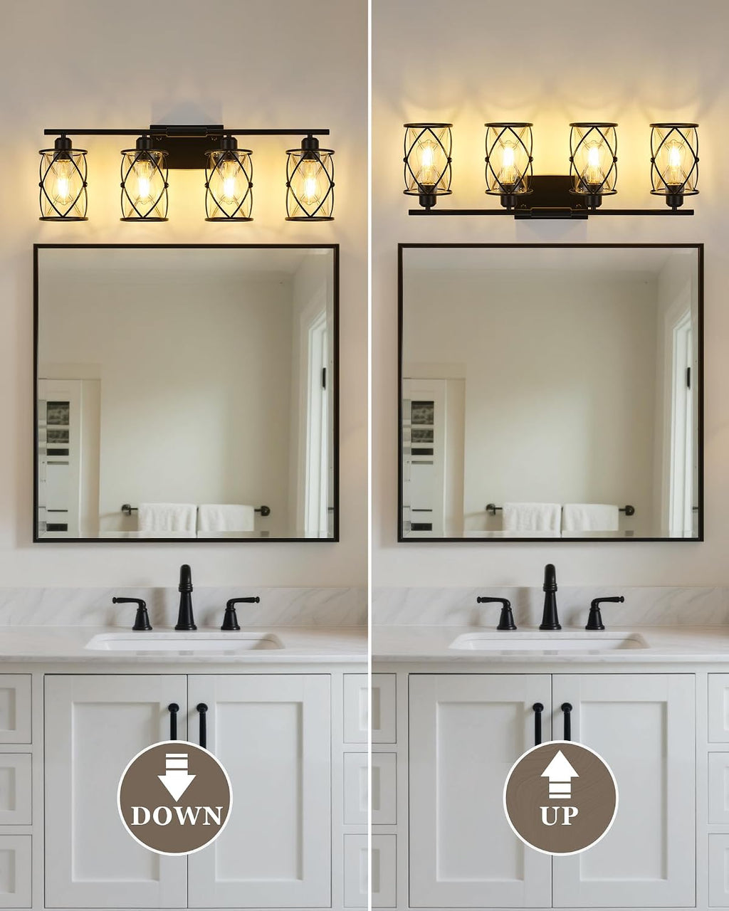 4-Light Black Bathroom Light Fixtures, 29 Inch Modern Bathroom Vanity Lighting Fixtures Over Mirror with Clear Glass and Metal Cage Wall Sconce Lights for Bath, E26, CH9176BK-4W